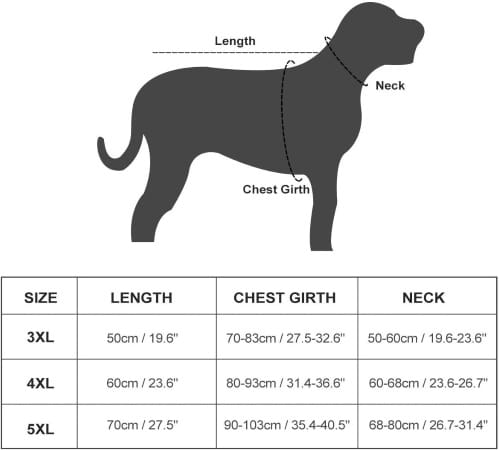 Veste chien grande taille 3XL, 4XL et 5XL, mesures dos, cou, et poitrine de l'animal, pour protéger du froid de l'hiver et pluie extérieur imperméable